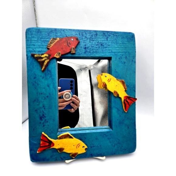 Vintage Hand Carved Painted Wood Mirror Folk Art Fish Rustic Turquoise 10"X12" - Picture 2 of 9